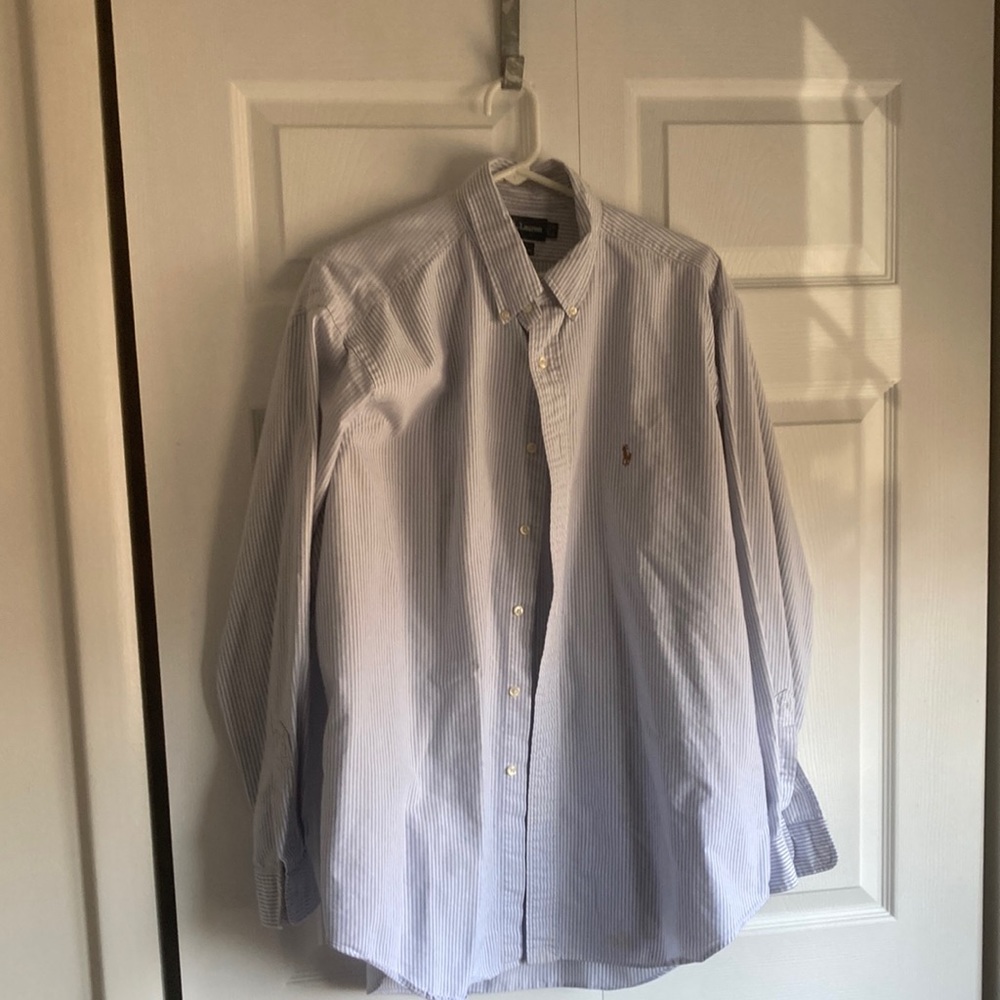 Ralph Lauren, 17/35, blue & white pinstripe, EUC, 100% Oxford cloth
